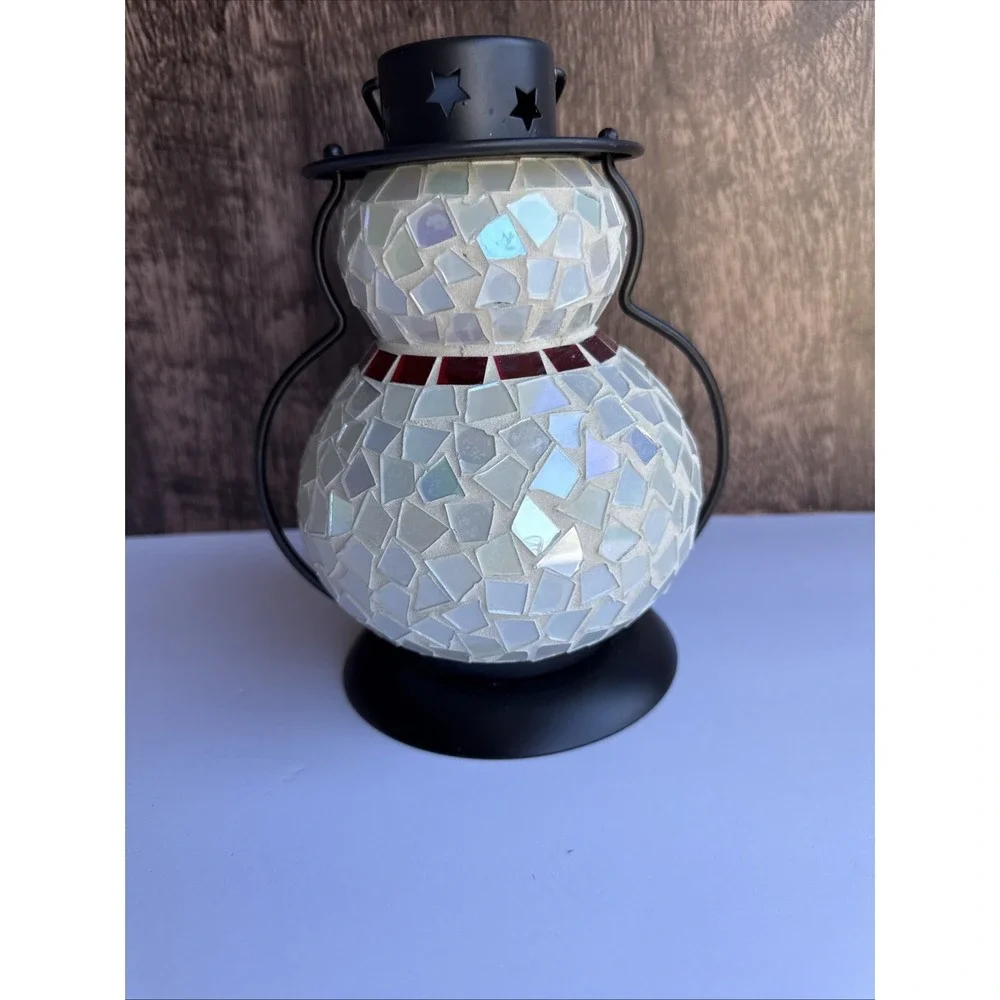 Mosaic Snowman Lantern Starfish  W/Wrought Iron Base  Battery‎ Operated Beach